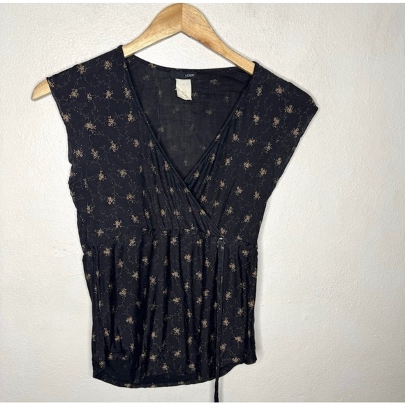 J. Crew Y2K Silk Babydoll Top Womens Small Floral Black Cap Sleeve Shirt V-neck - Picture 1 of 8